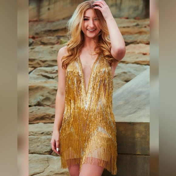 Jovani Gold Fringe Cocktail Dress | Color: Gold | Size: 4 | Pm-14688009's Closet